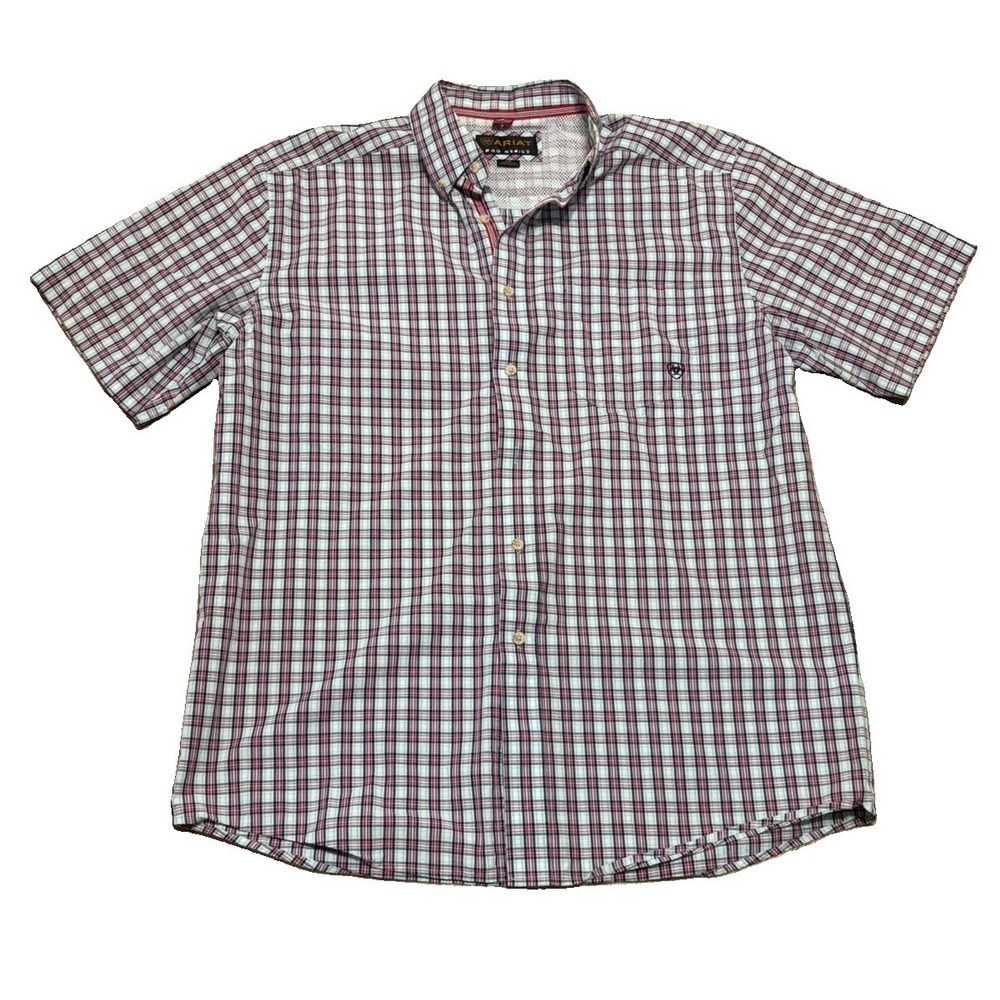 Ariat Mens L Pro Series Red Blue Button Down Check Shirt Short Sleeve Western